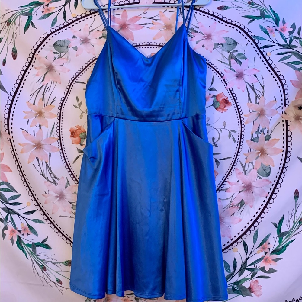 Satin blue fit and flare dress with lace back